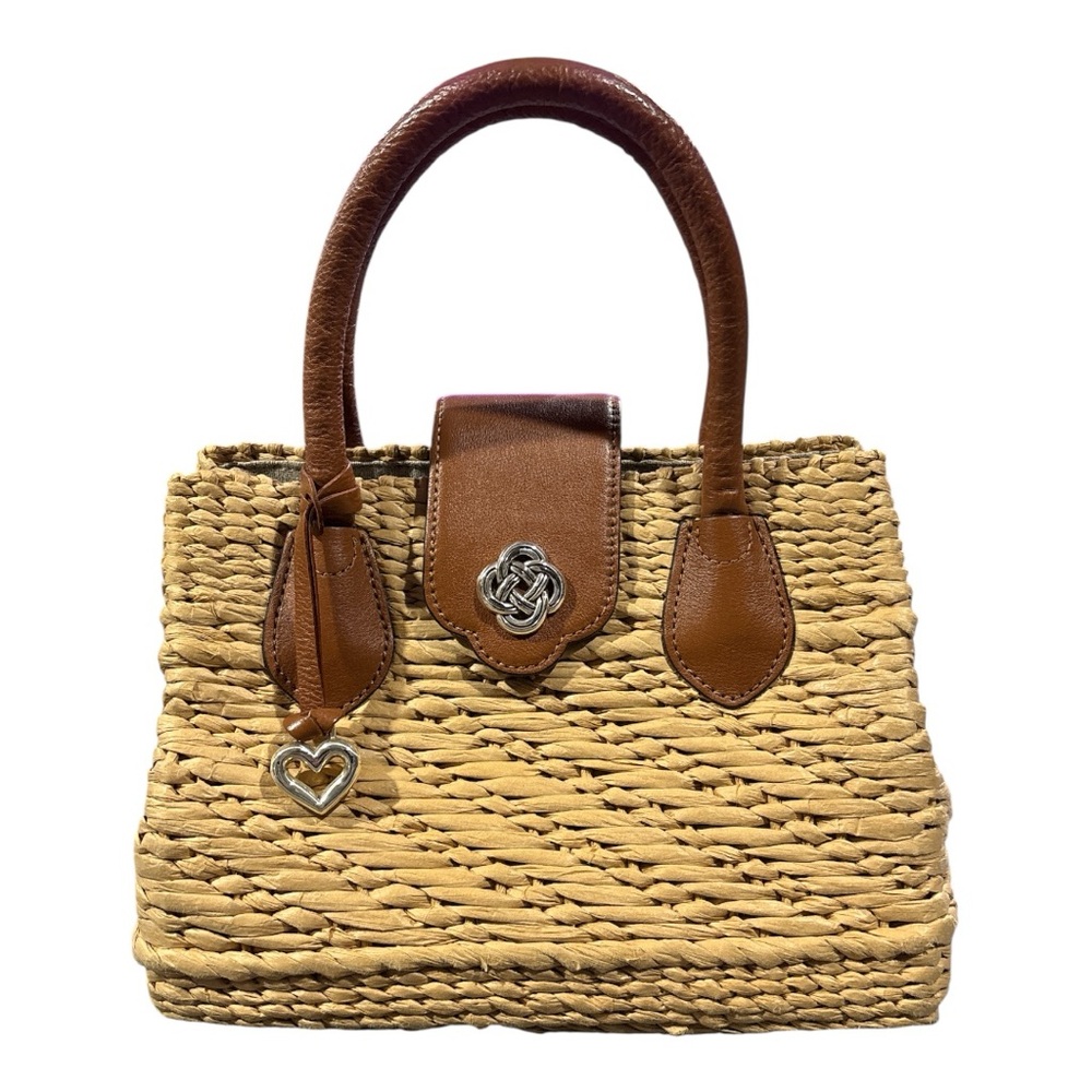 Brighton Women’s Dune Straw Tan and Brown Woven Satchel with Heart Charm